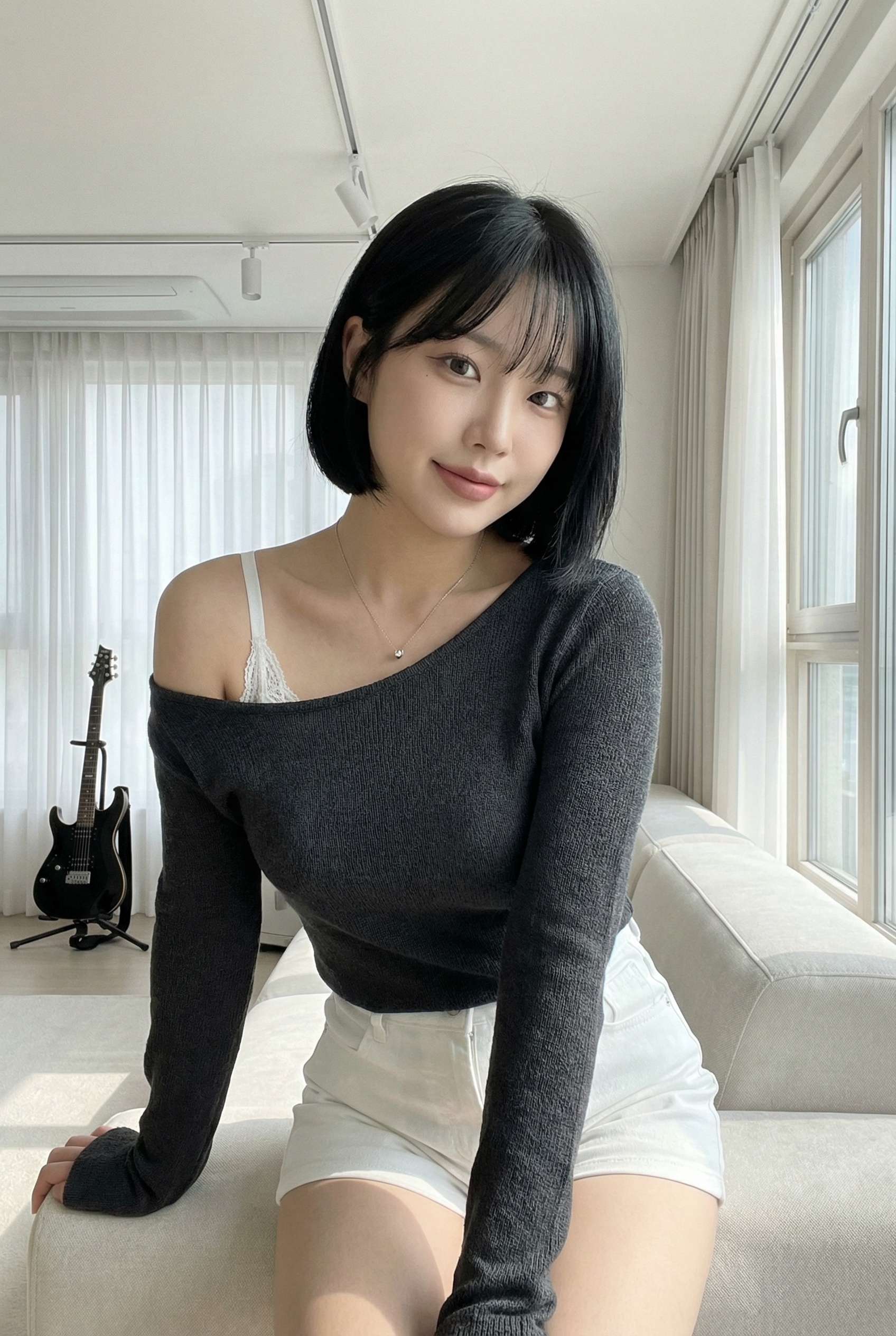 Korean Influencer at Home in a Charcoal Knit