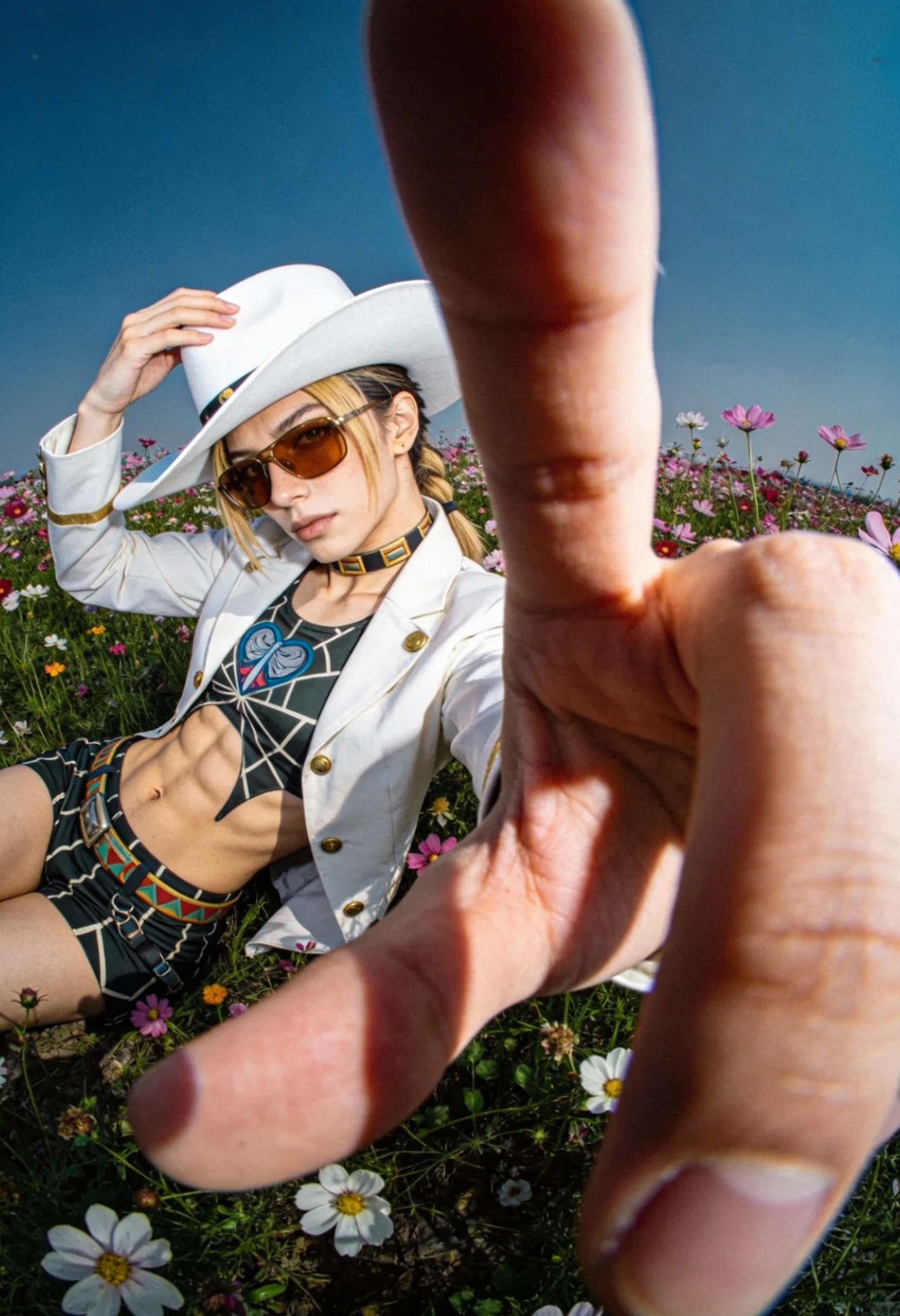 JoJo-inspirierte Perspektivpose im Blumenfeld