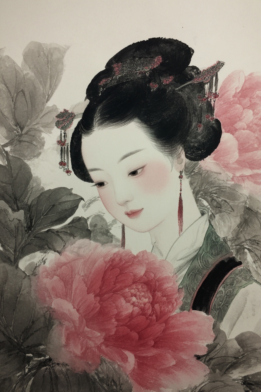 Ancient Chinese Beauty among Gongbi Peonies