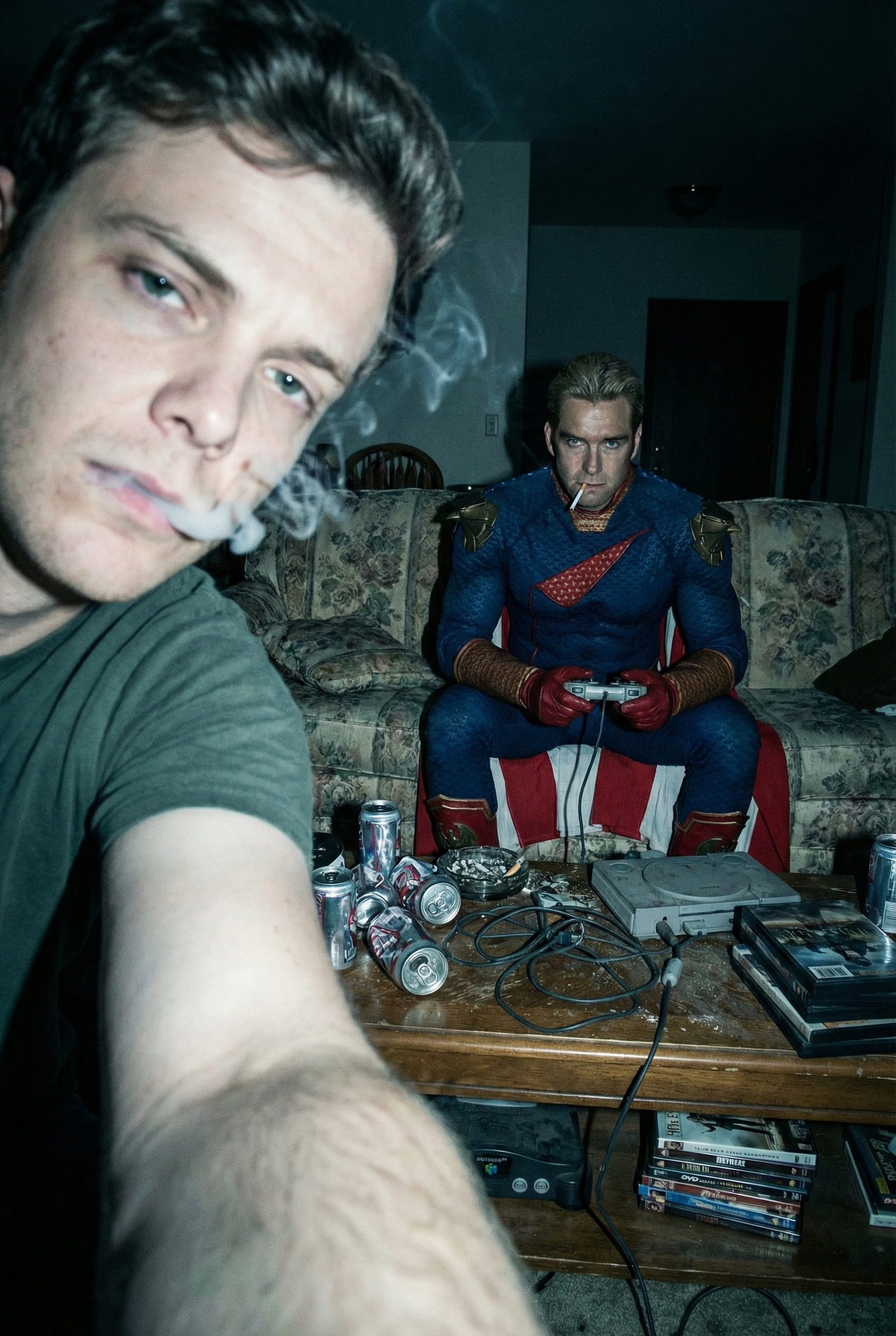 Hughie and Homelander Gaming in a Gritty Digicam Snapshot