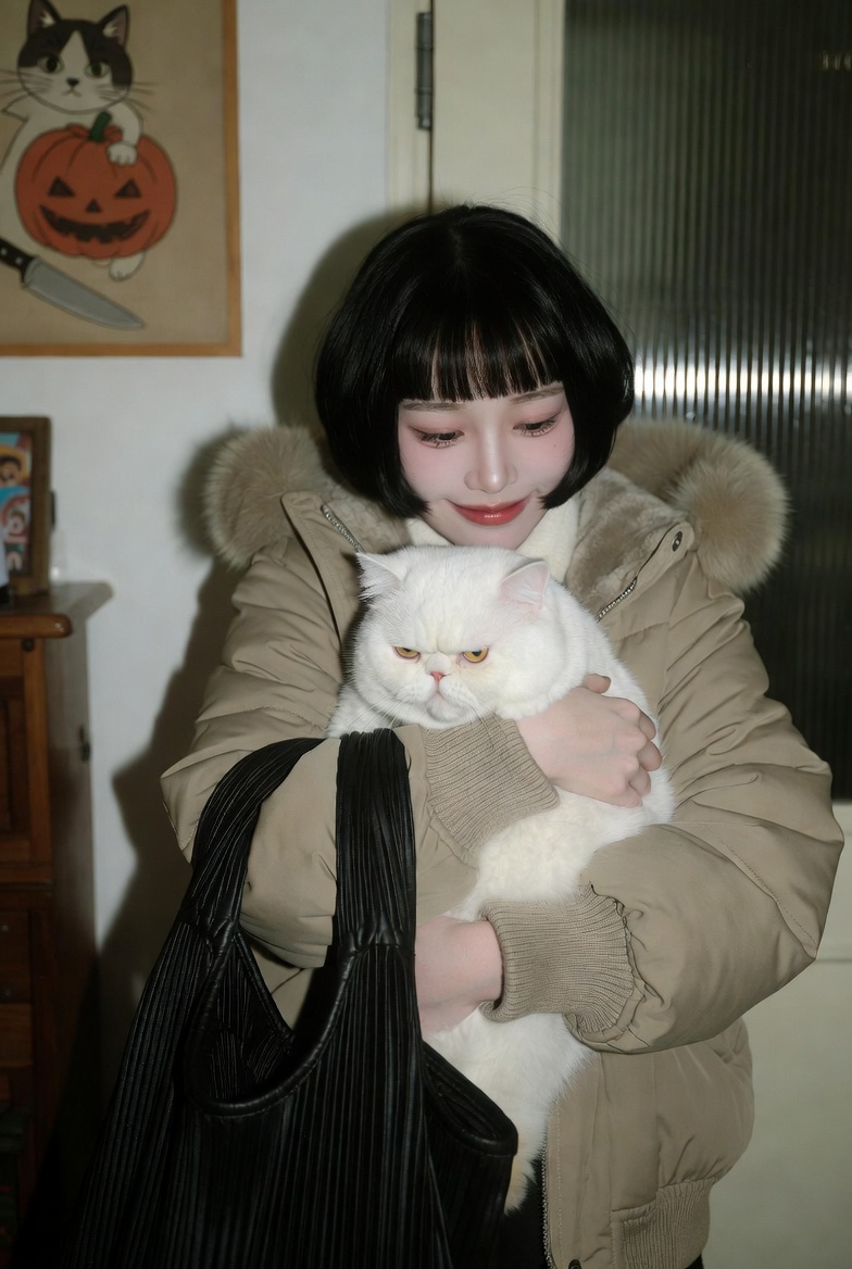 Warm Hug with a Grumpy White Cat
