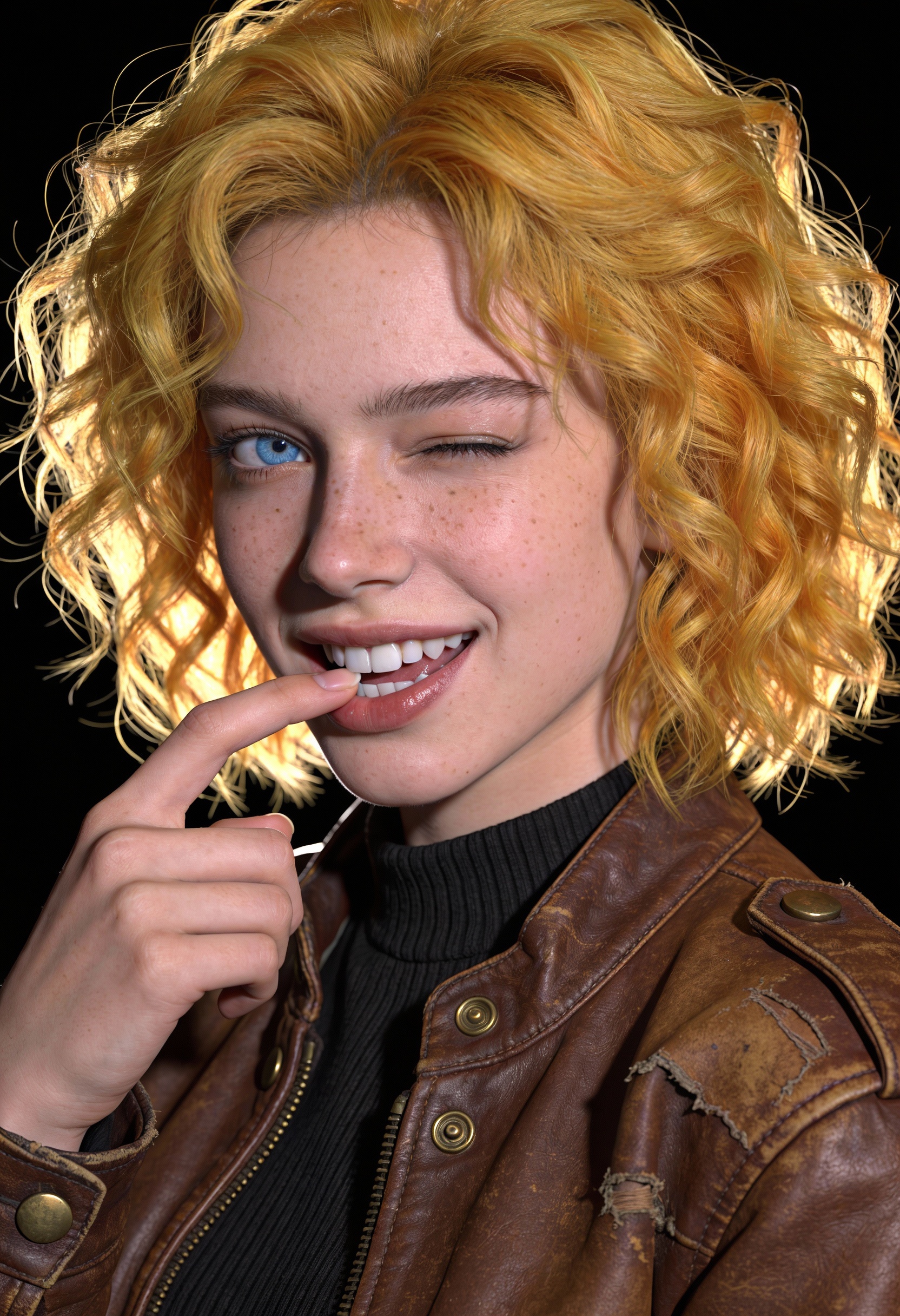 Winking Blonde in 90s Grunge Leather