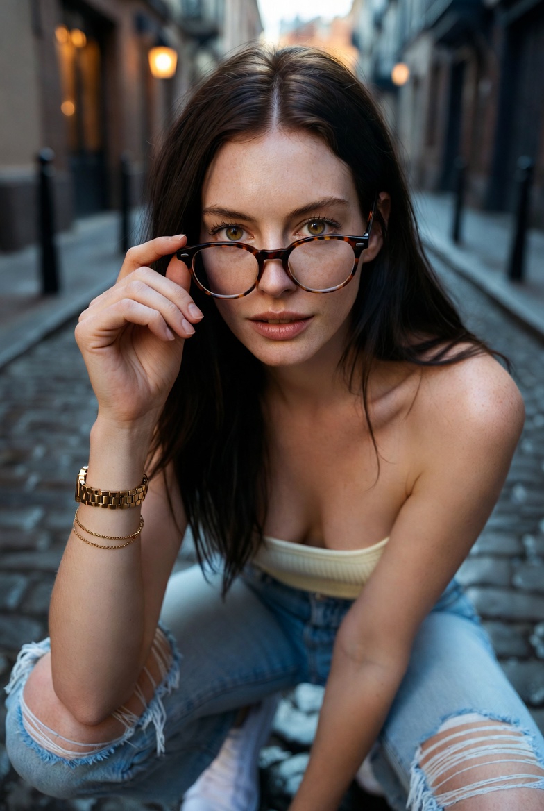 Anne Hathaway at Twilight in a Cobblestone Alley