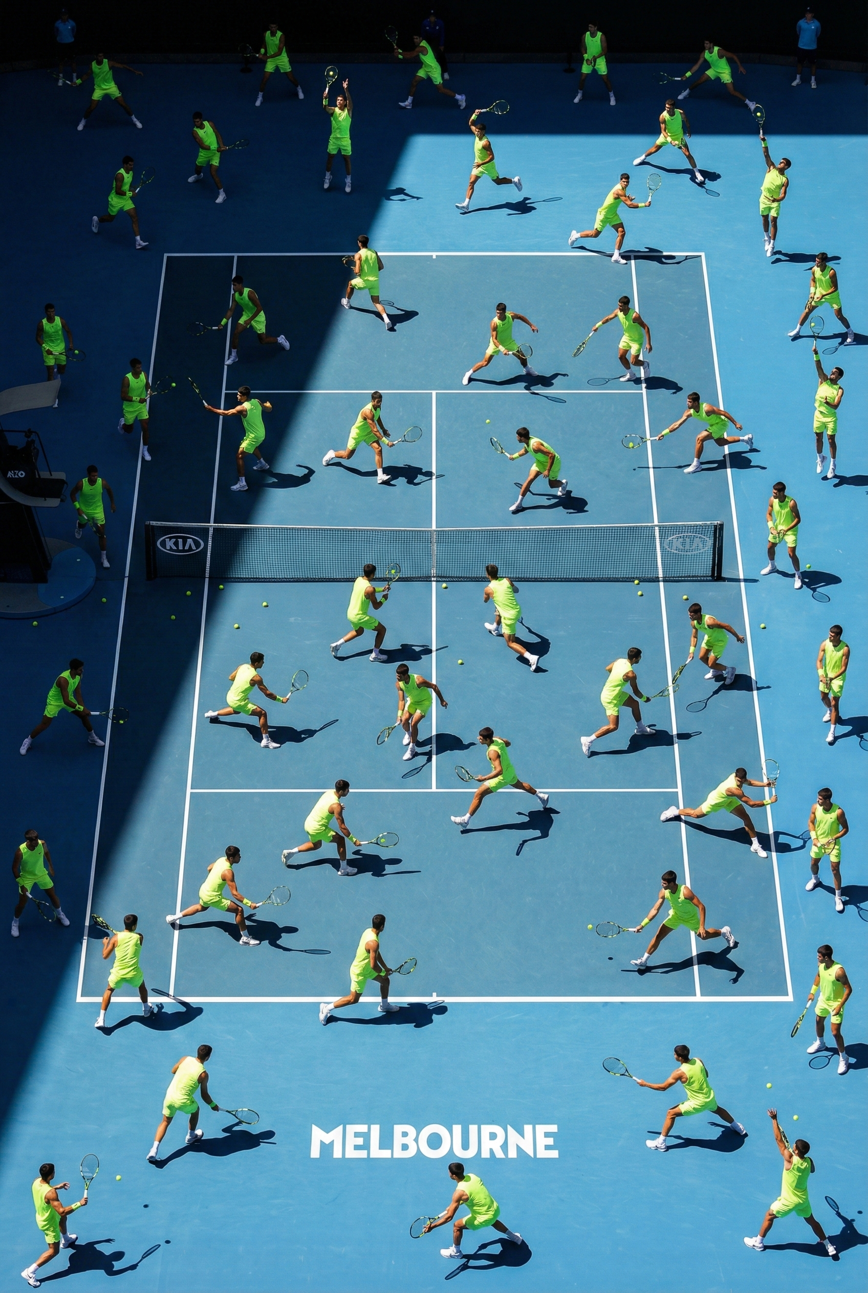 Fiftyfold Tennis Motion Study on a Blue Court
