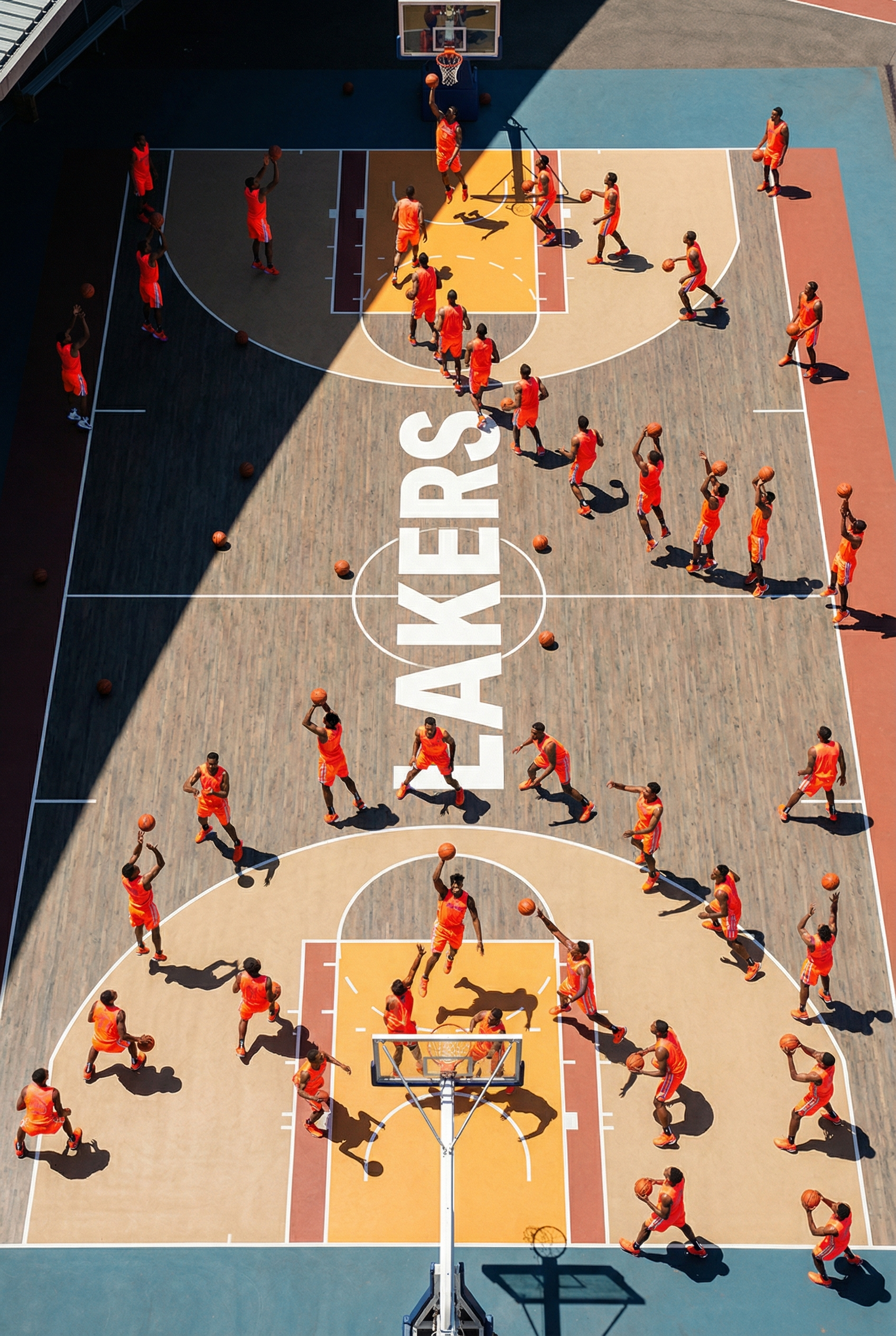 Estudio aéreo de movimiento de baloncesto con cincuenta clones