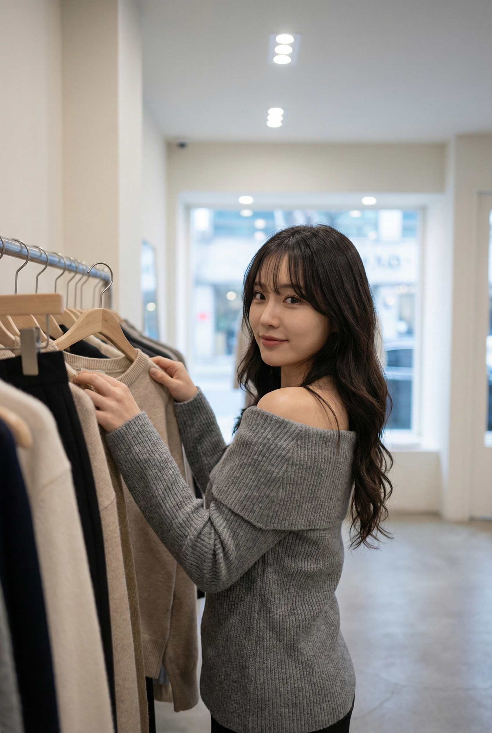 Woman Choosing Sweaters in a Minimalist Boutique