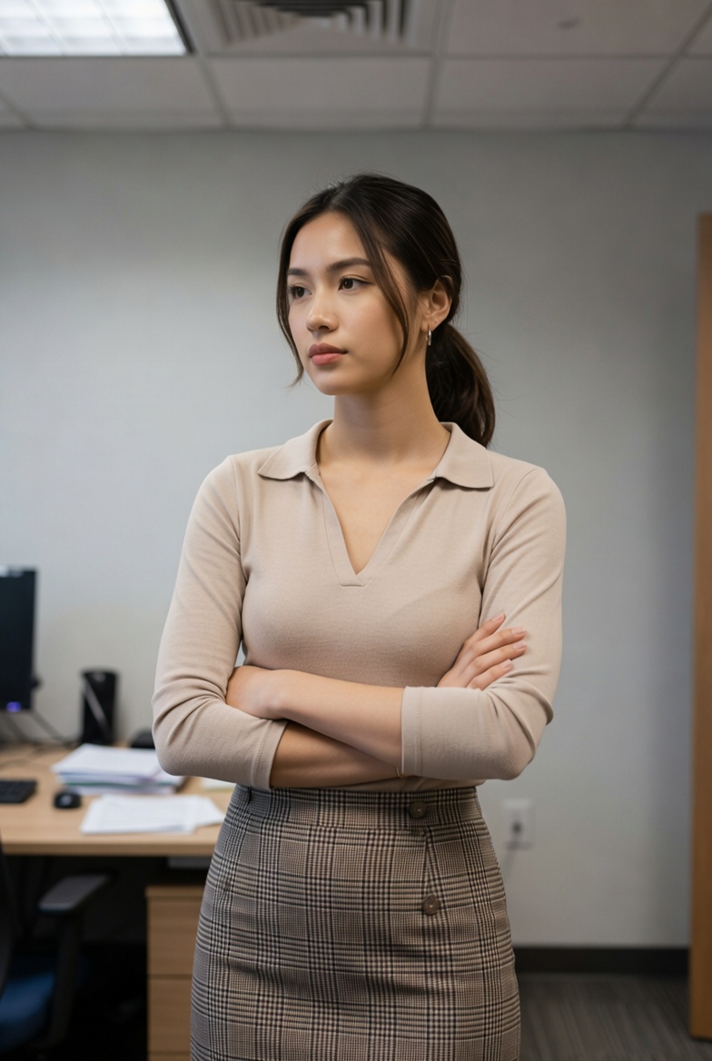 Thoughtful Office Woman with Arms Crossed