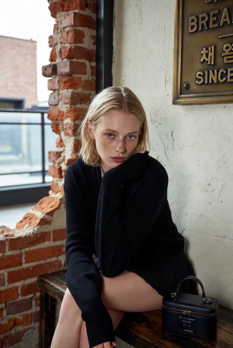 Freckled Blonde Woman on a Rustic Café Bench
