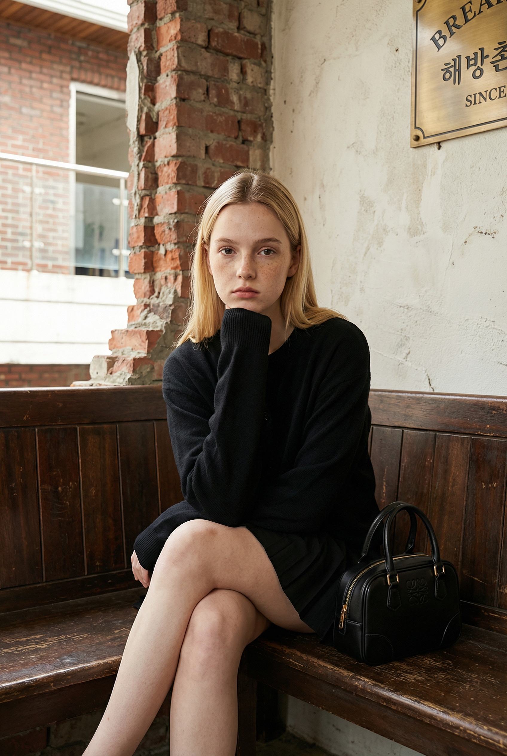 Freckled Blonde Woman on a Rustic Café Bench