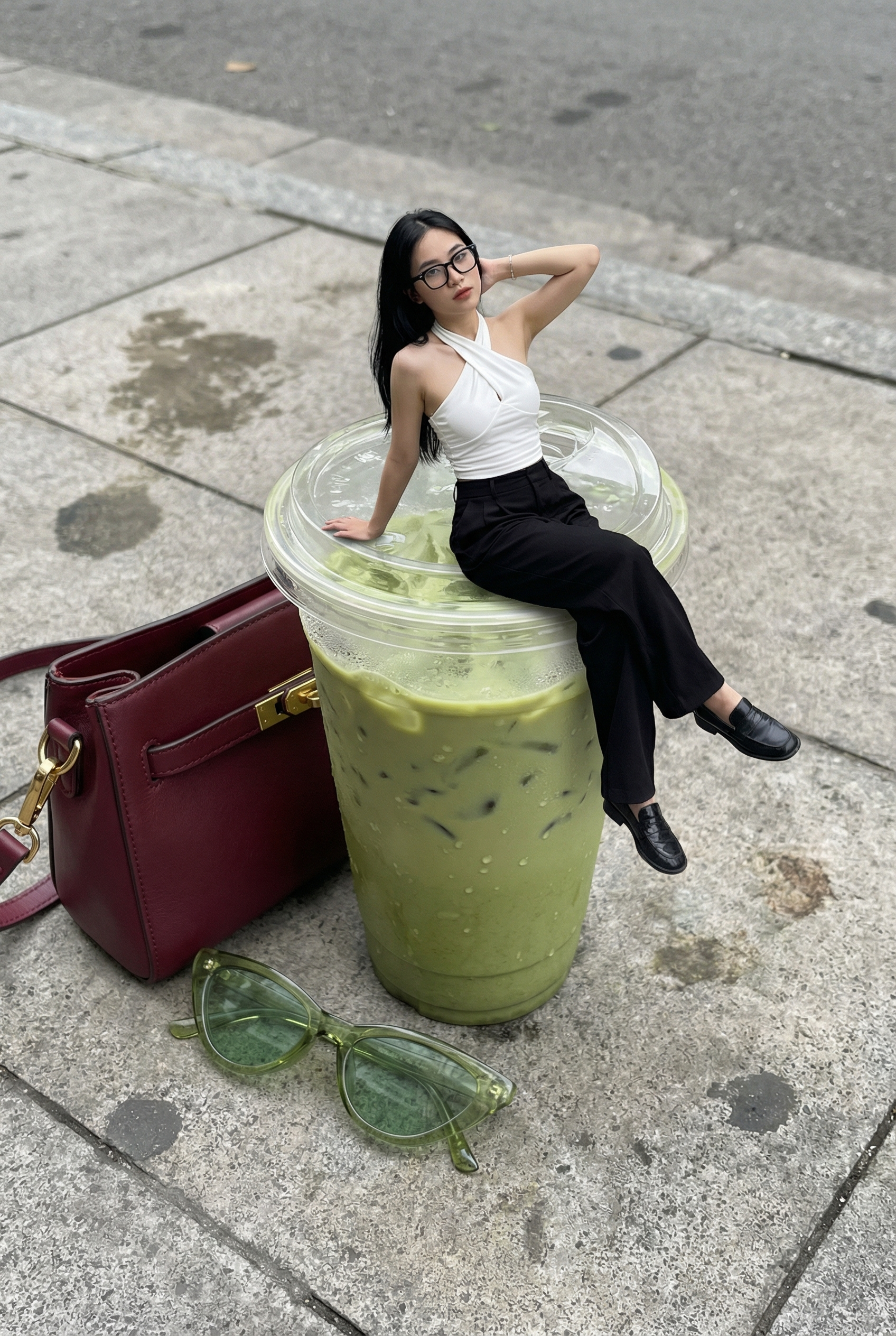 Miniature Woman Sitting on an Iced Matcha Cup