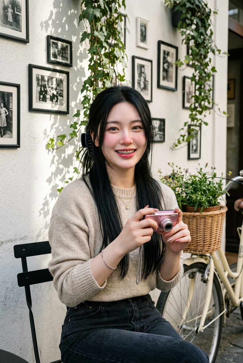暖色复古咖啡馆庭院中的亚洲女子