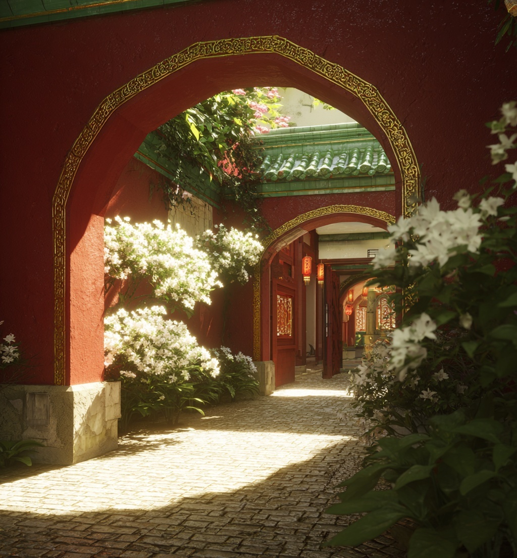 Cour chinoise chaleureuse aux murs rouges et tuiles vertes