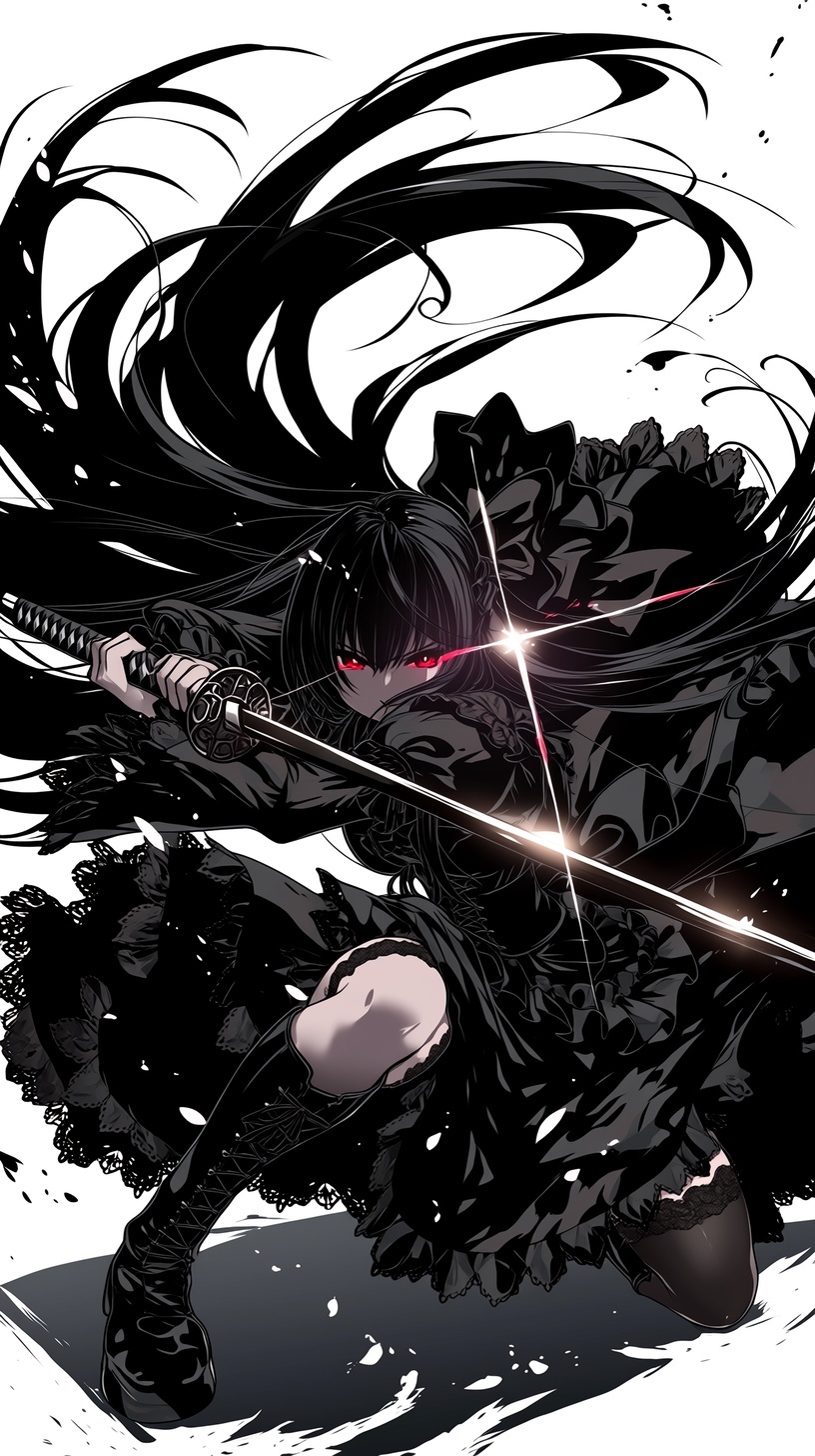 Gothic Samurai Girl with a Katana in Ink-Splash Action