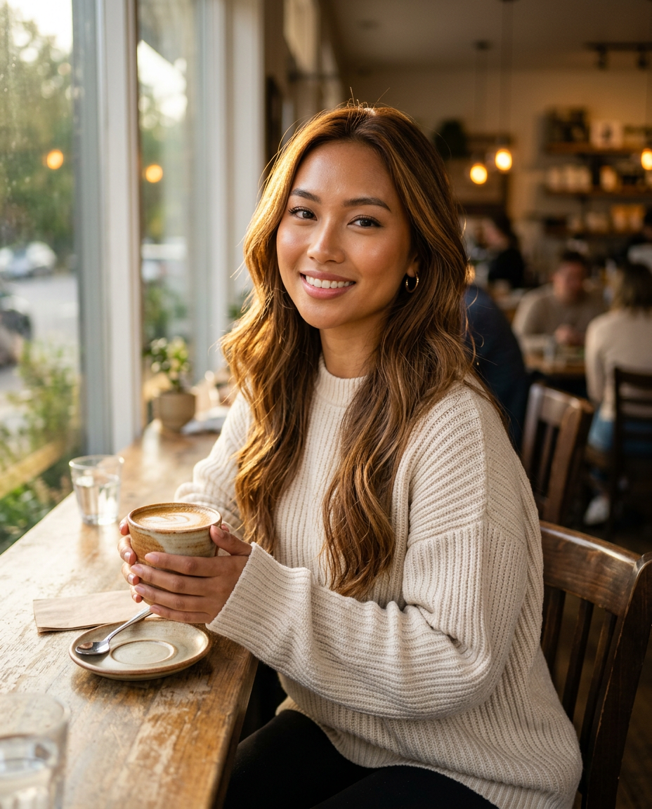 Golden-Hour Latte by a Cozy Café Window