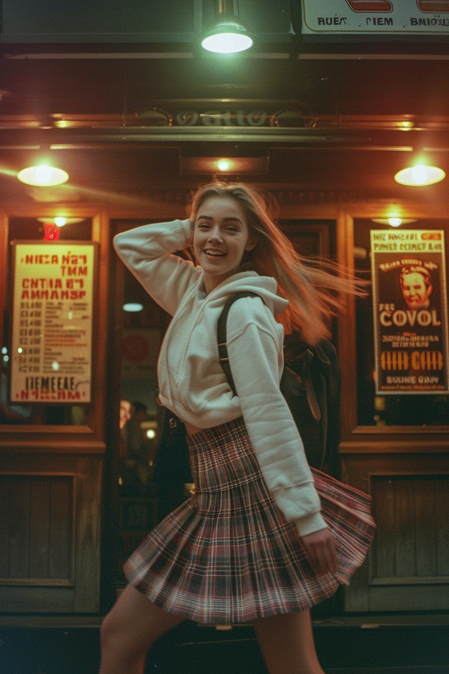 Woman Spinning Outside a Cinema in a CCD Night Snapshot
