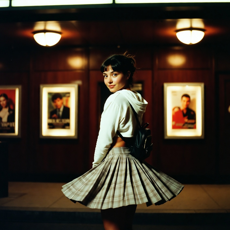 Woman Spinning Outside a Cinema in a CCD Night Snapshot