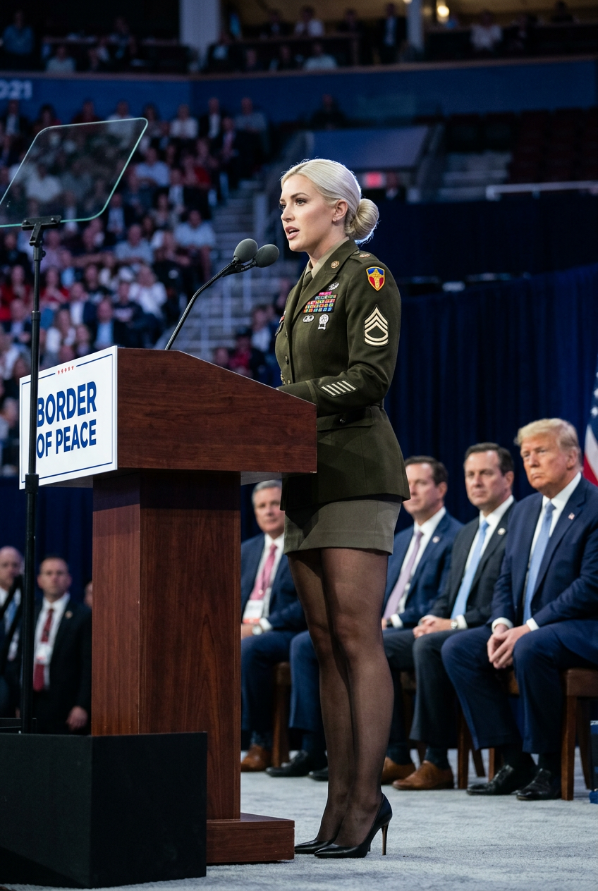 Blonde Speaker at a Surreal Military Rally