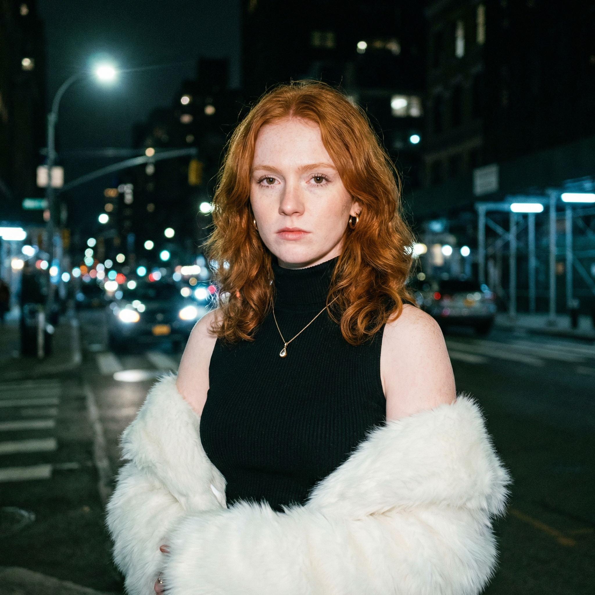 Red-Haired Woman in a White Fur Stole at Night
