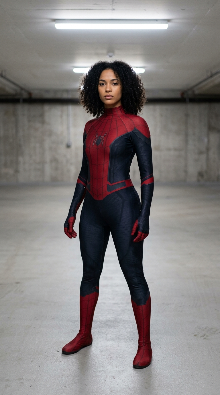 Frau im Spider-Man-inspirierten Anzug in einer Tiefgarage