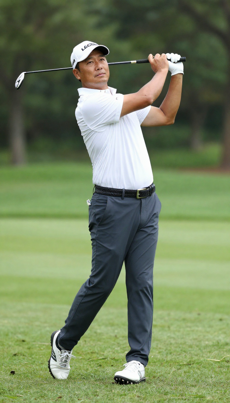 Confident Golfer Follow-Through in Morning Light