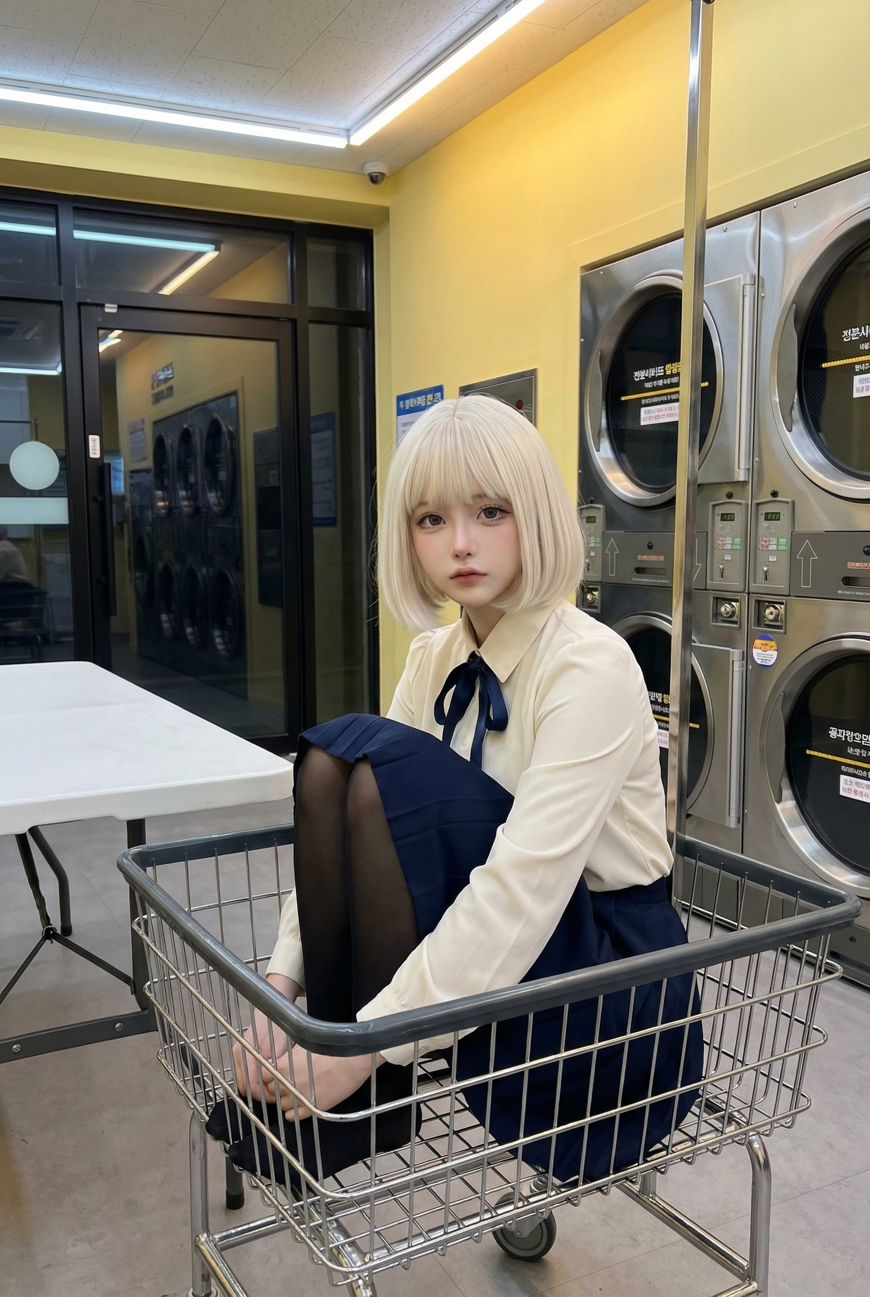 Cosplayeuse blonde platine dans un chariot de laverie