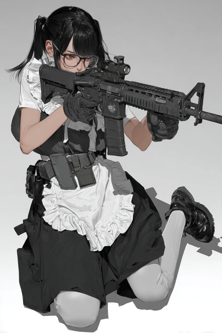 Anime Maid Girl Aiming a Rifle in Side View