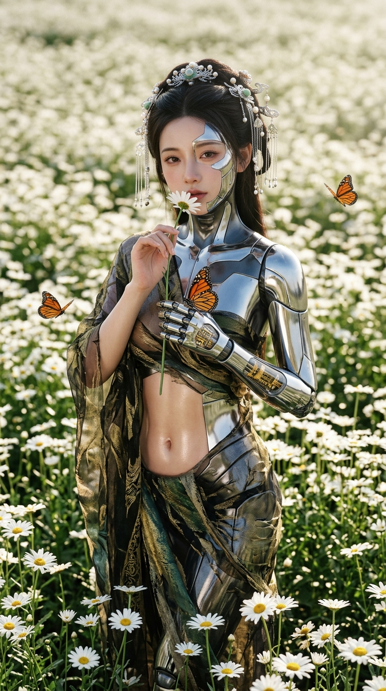 Cyborg Empress with a Daisy in a Sunlit Field
