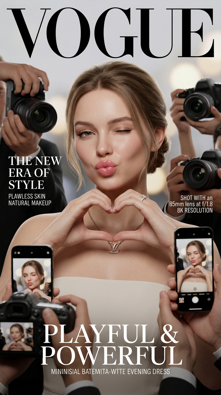 Winking Fashion Star Surrounded by Paparazzi Cameras