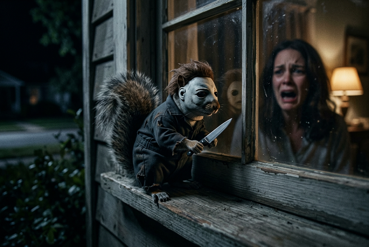 Ardilla disfrazada de asesino de película de terror