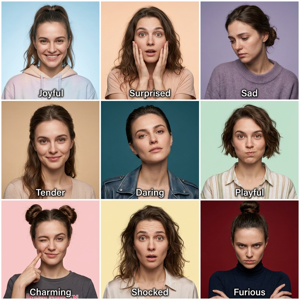 Nine Expressions Identity-Locked Portrait Grid