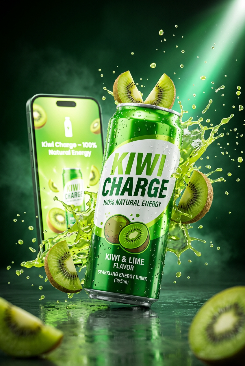 Splash-Werbung für einen Kiwi-Energydrink