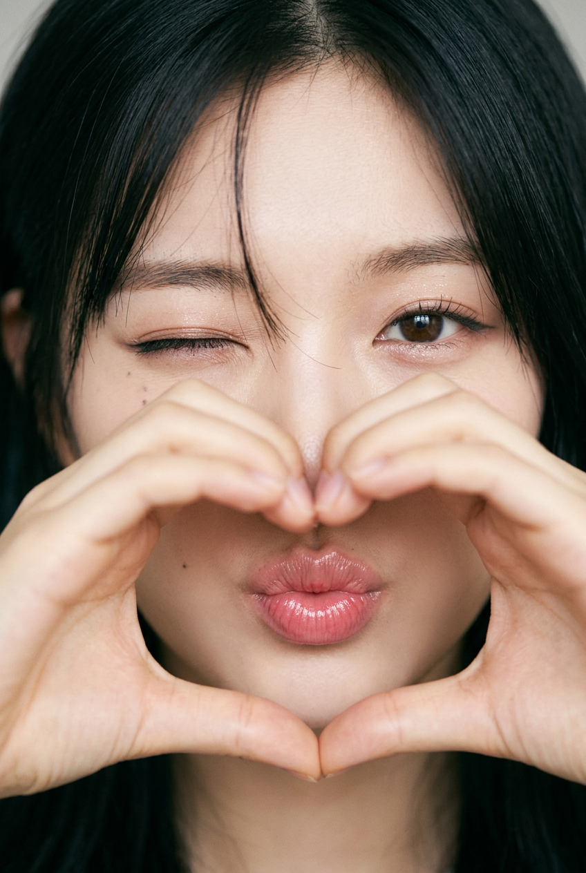 Winking Woman Framed by a Hand Heart