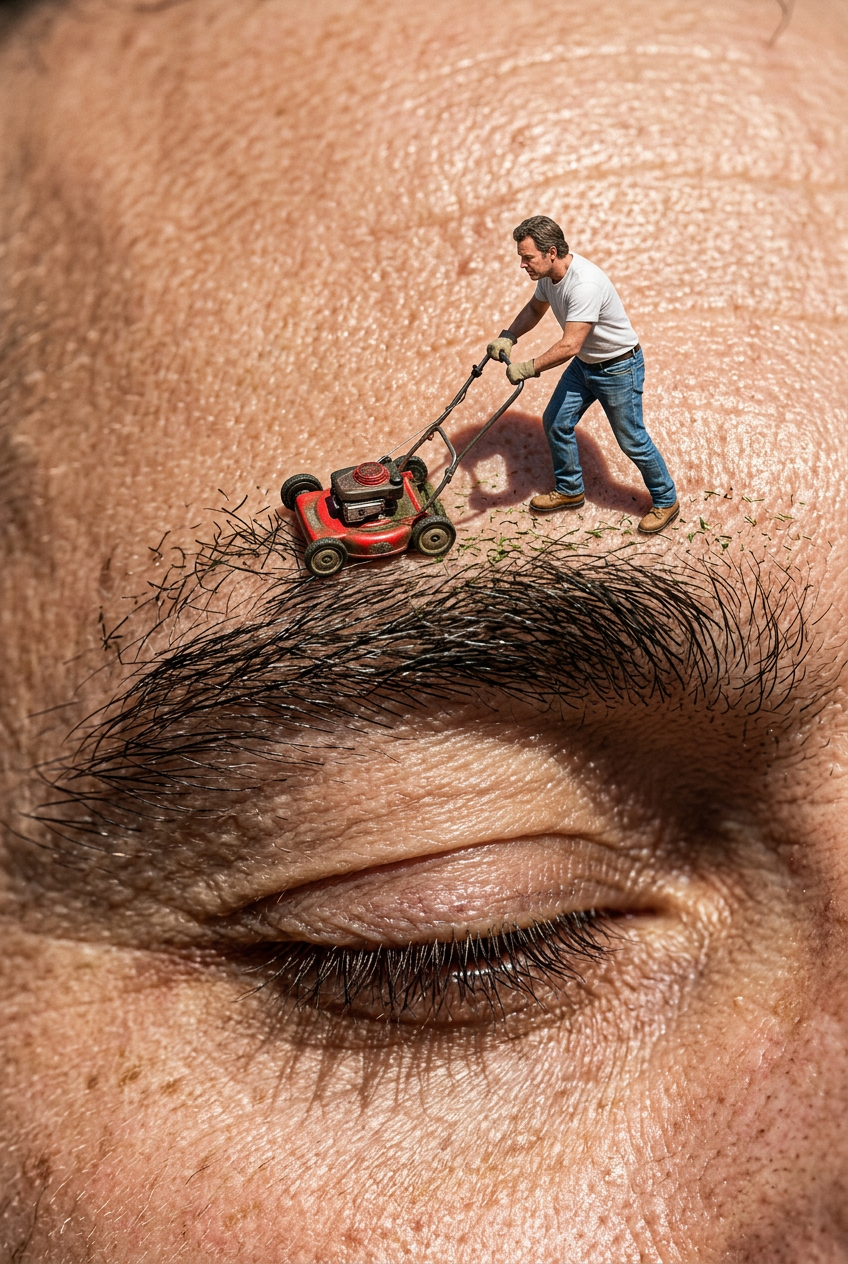 Miniature Gardener Mowing a Giant Eyebrow