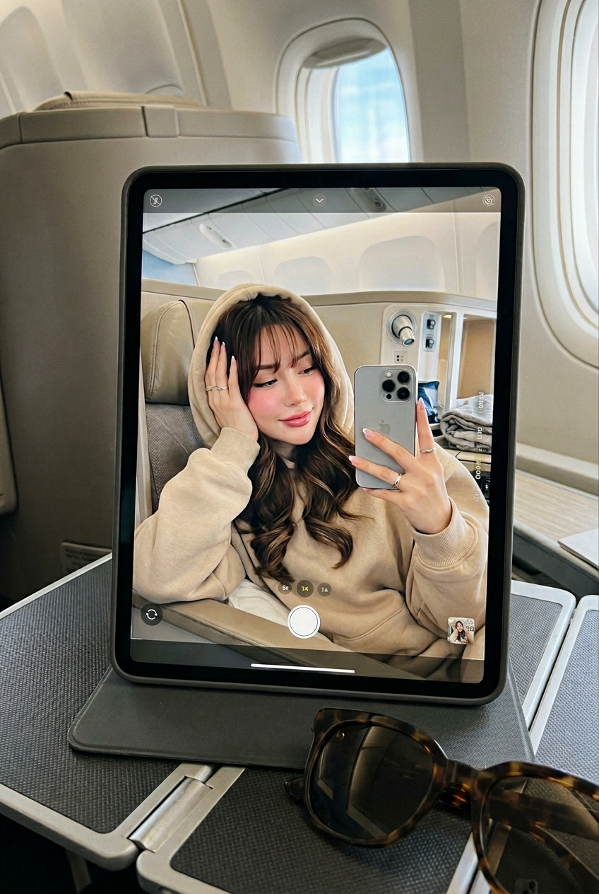 Airplane Selfie Reflected on an iPad