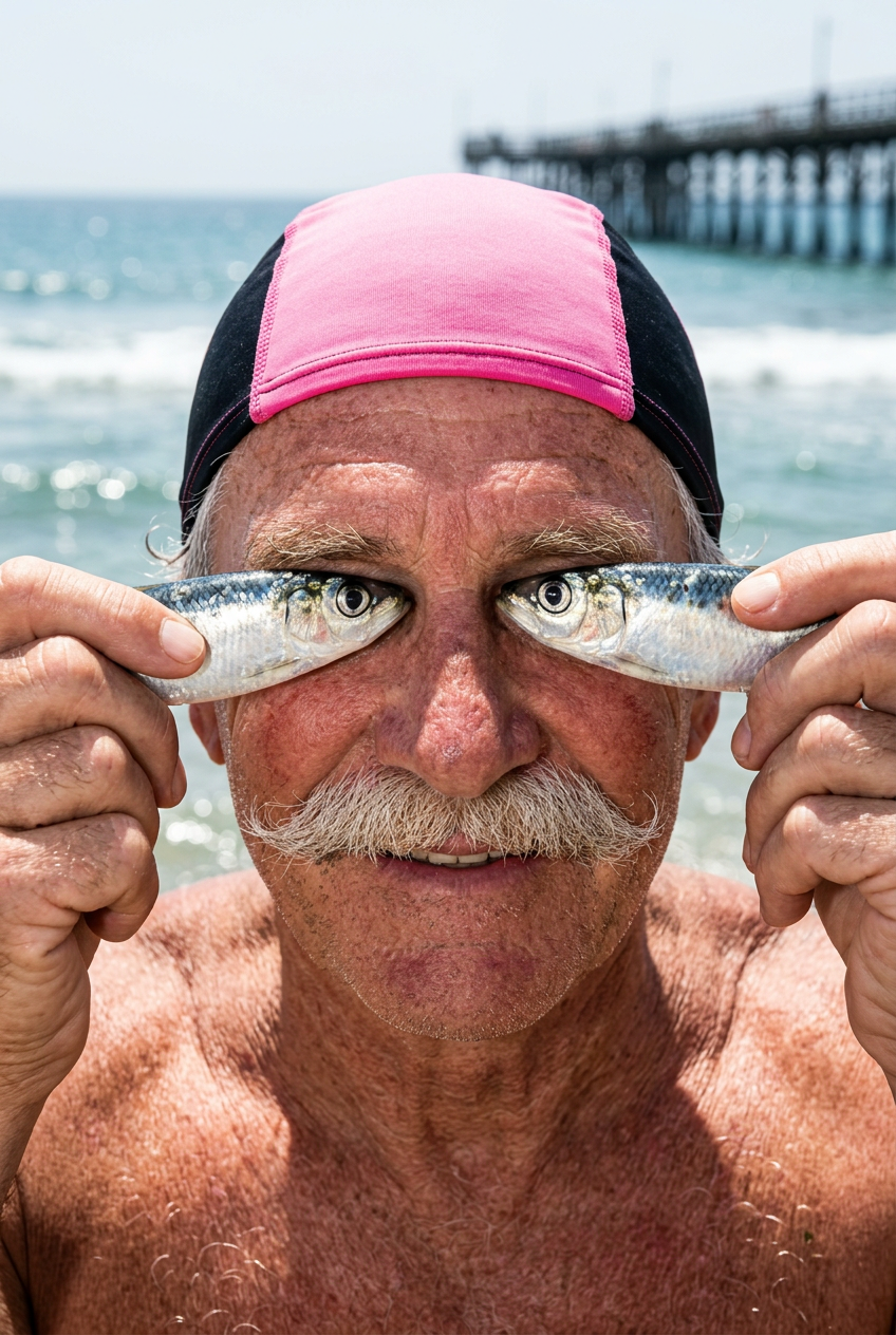 Nadador sosteniendo peces sobre los ojos junto al mar