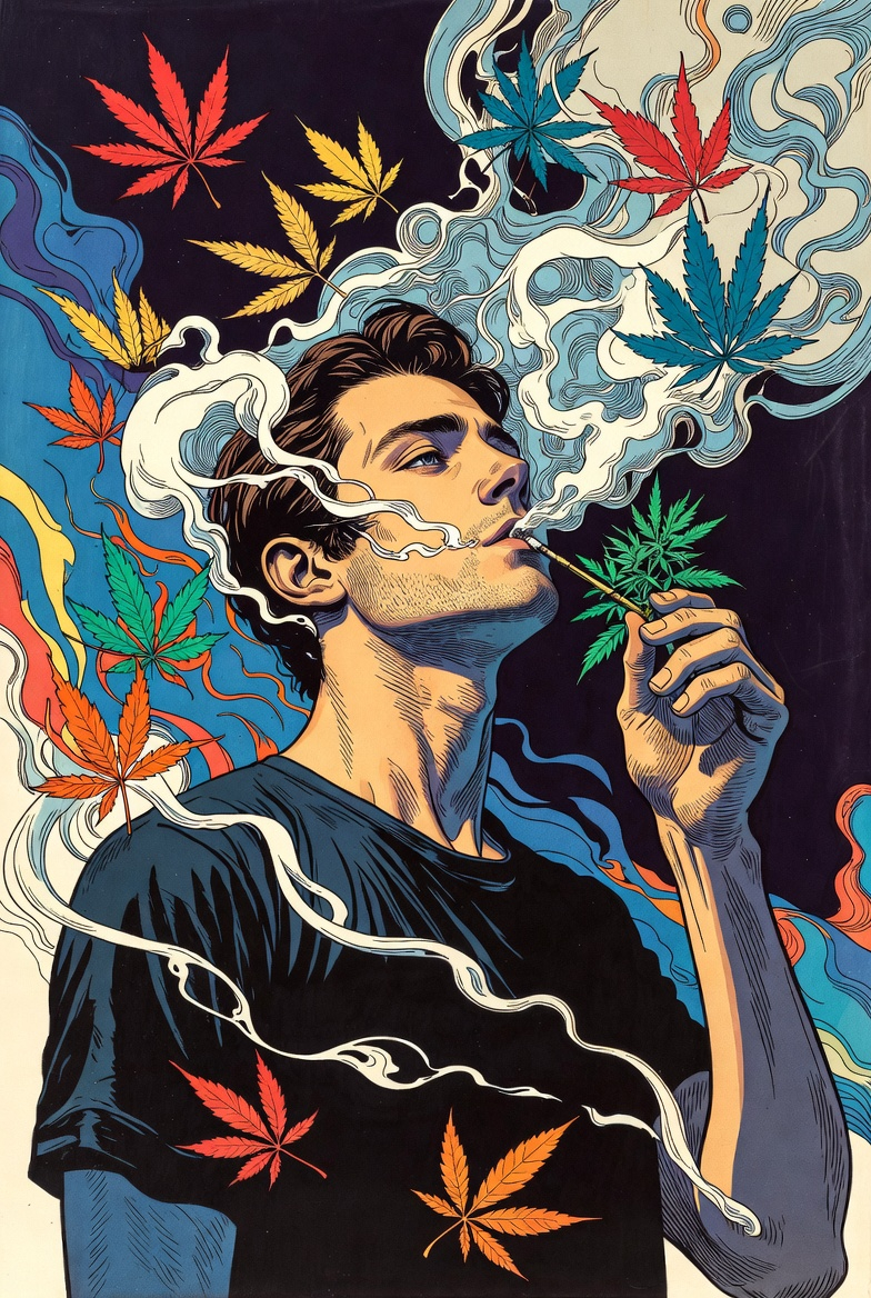 Cannabis Smoker Amid Psychedelic Leaves