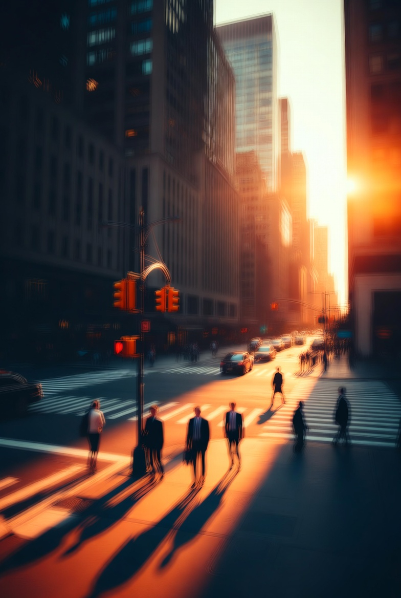 Sunset Rush at a New York Intersection