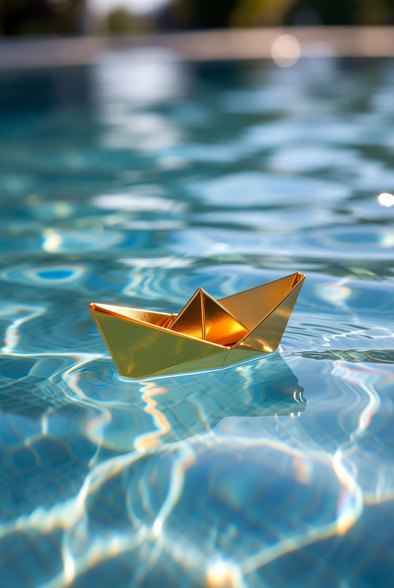 Golden Origami Boat on a Serene Pool