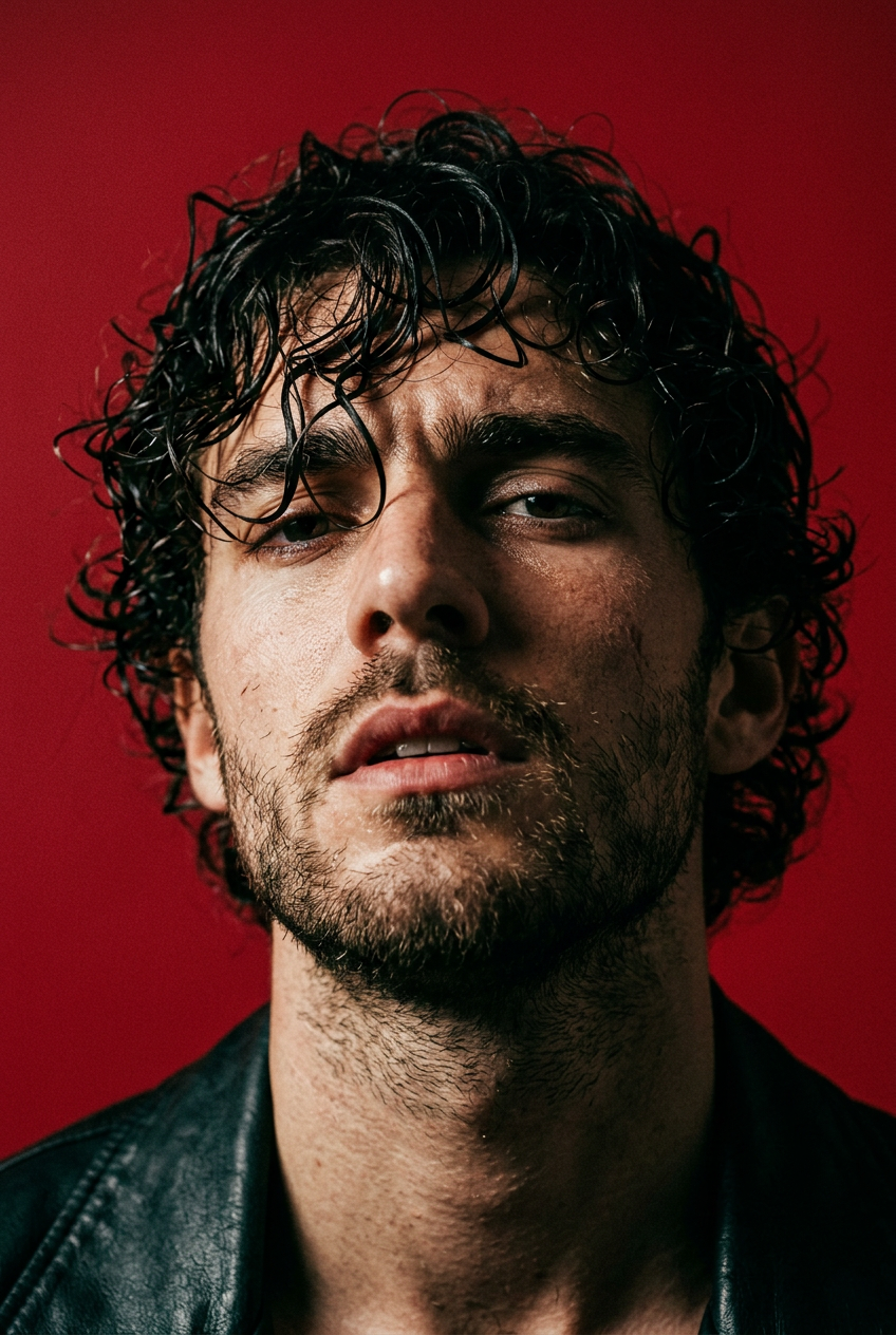 Portrait éditorial d’un homme aux cheveux bouclés sous une lumière rouge