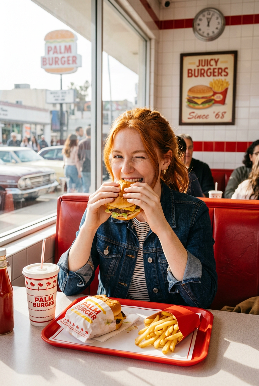 Red-Haired Woman Eating a Cheeseburger in a Retro Diner