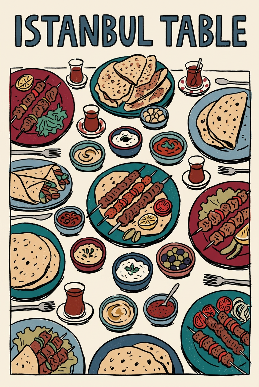 Illustration éditoriale d’un festin turc Istanbul Table