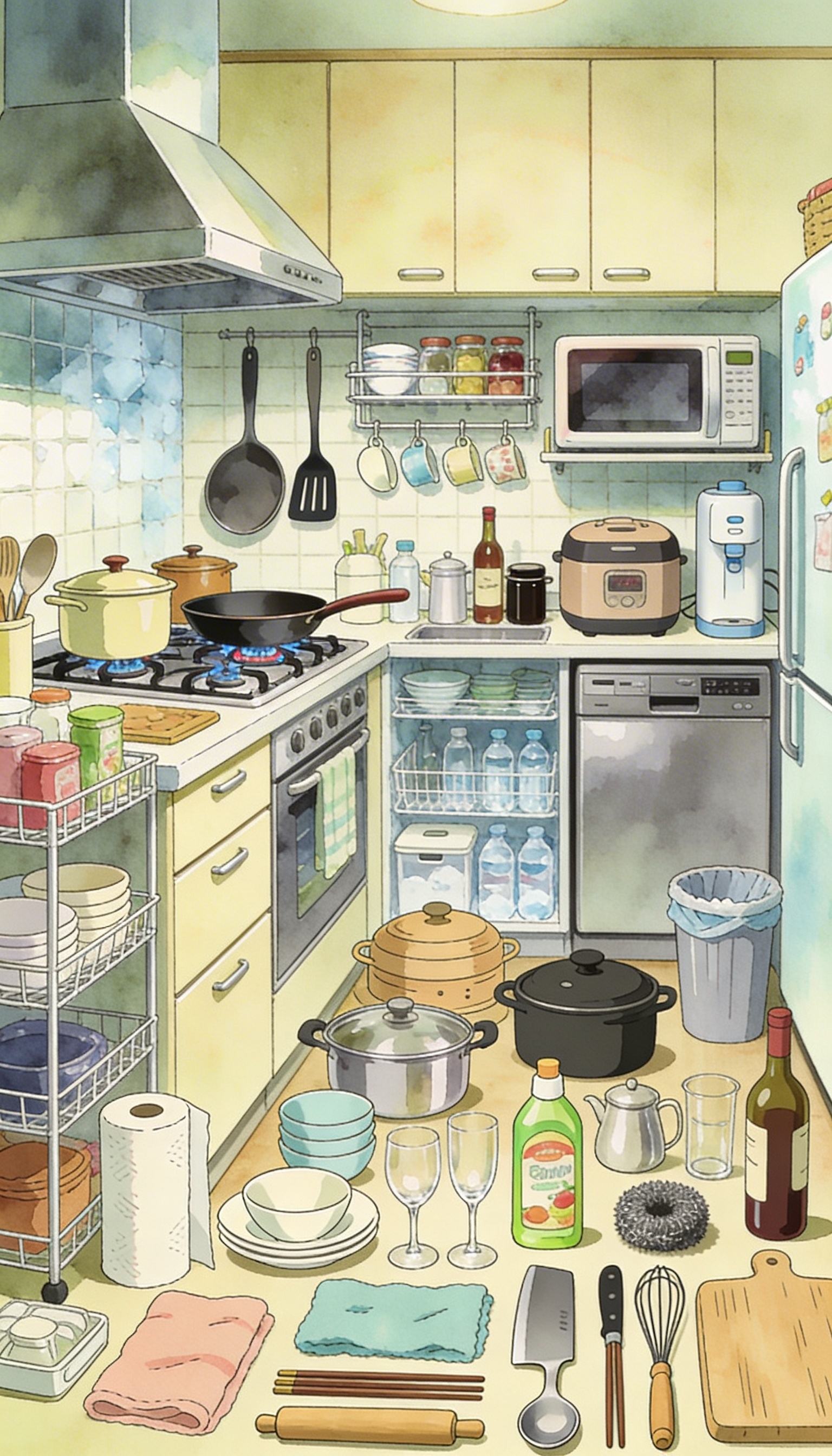 Maximalist Modern Kitchen in Pen-and-Wash Animation