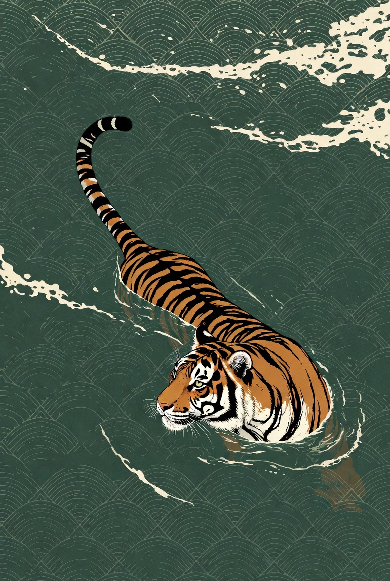 Swimming Tiger in an Iridescent Glass Mosaic