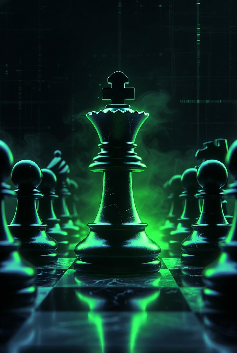 Roi d’échecs vert néon avançant sur un échiquier sombre