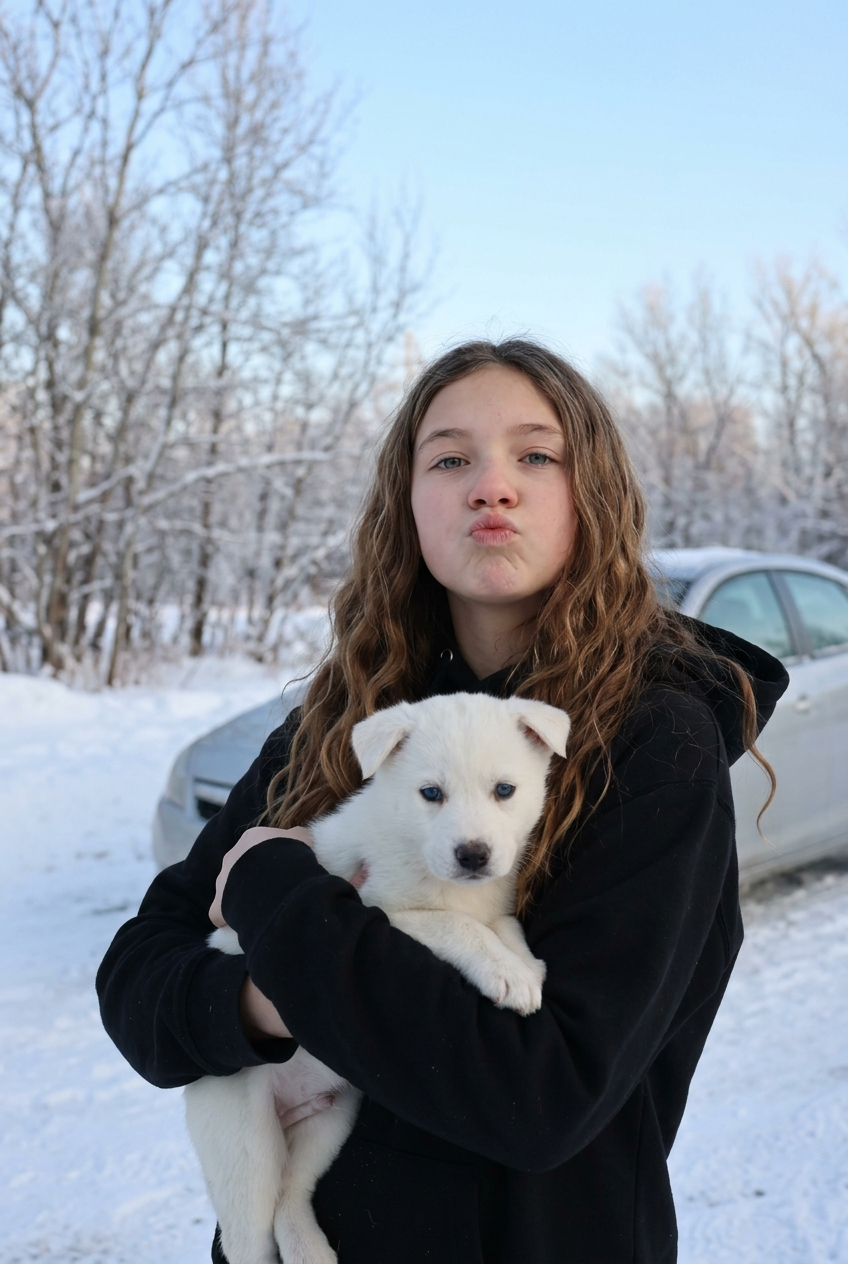 Girl Holding a White Puppy in Winter