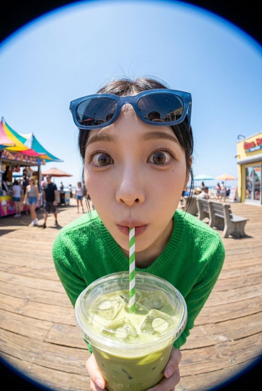 Matcha-Schluck im Fischaugenblick auf einer sonnigen Promenade