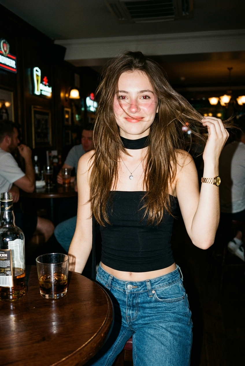 Woman Flicking Her Hair in a Modern Pub Snapshot