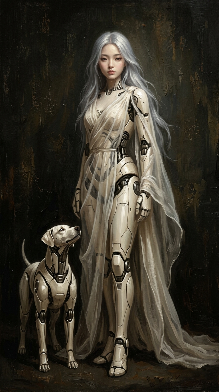 Femme cyborg avec chien robot ivoire dans une huile texturée