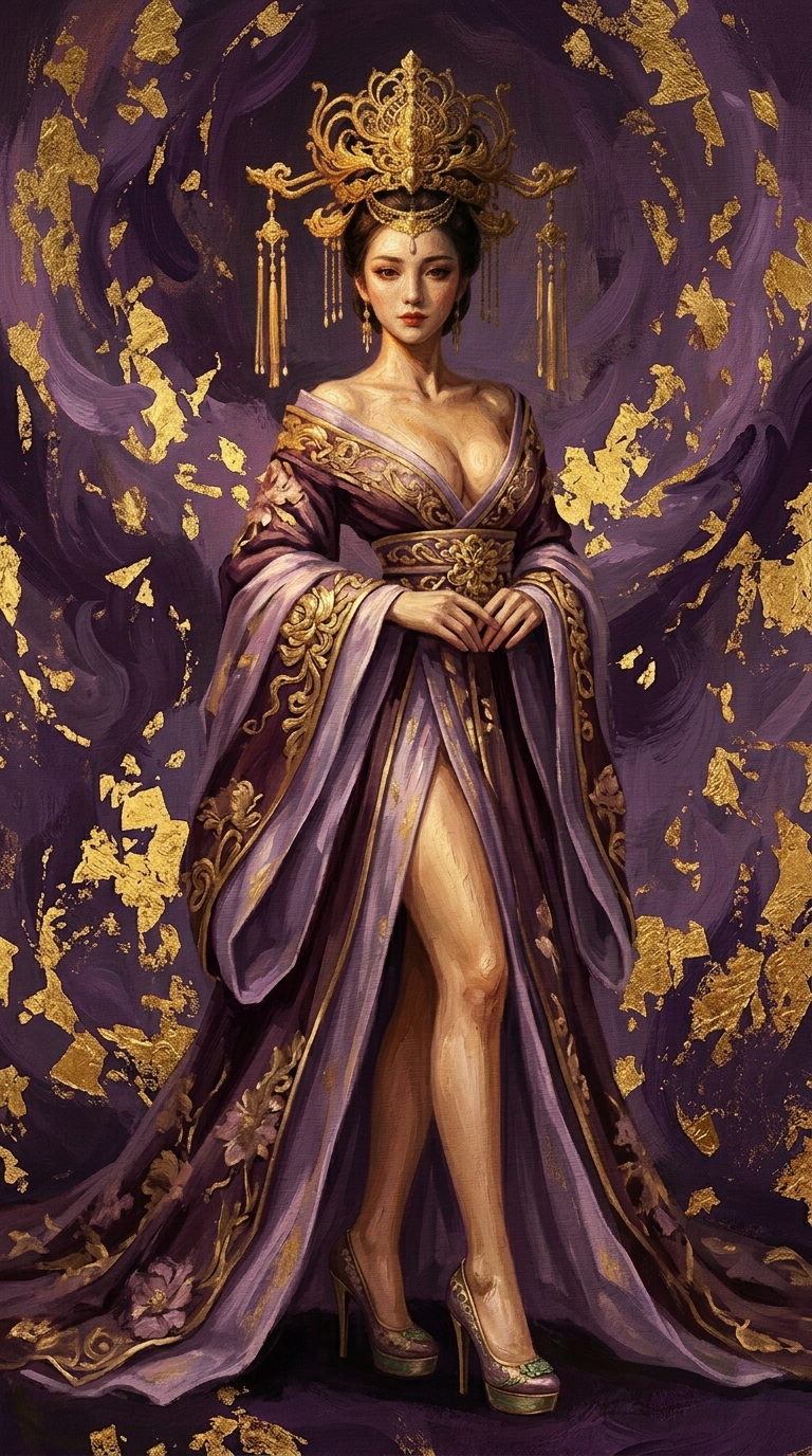 Noble chinoise ancienne à couronne de phénix dorée dans un tableau violet à la feuille d’or