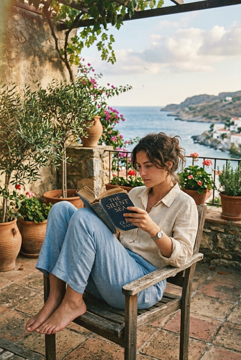 Reading The Silent Sea on a Mediterranean Terrace